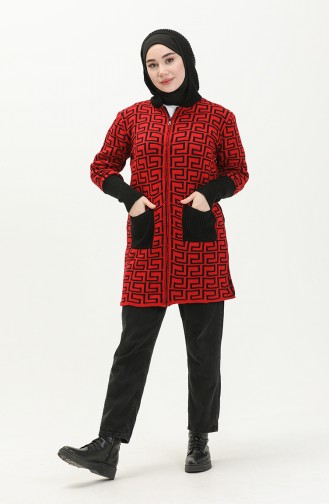 Triko Desenli Fermuarlı Hırka 80052-04 Kırmızı