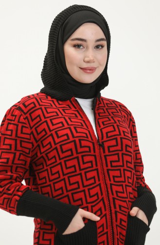 Triko Desenli Fermuarlı Hırka 80052-04 Kırmızı