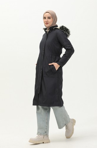 Bondit Fabric Fur Detailed Coat 1005-01 Navy Blue 1005-01