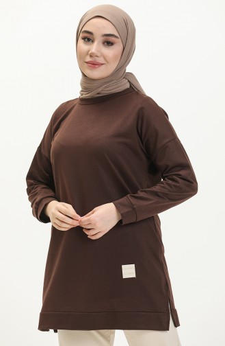 Übergroße Zweifädige Hijab-Tunika Für Damen 8450 Braun 8450.Kahverengi