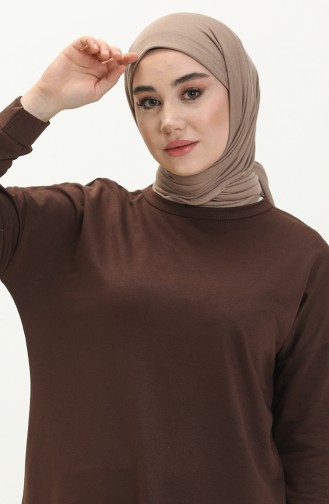 Übergroße Zweifädige Hijab-Tunika Für Damen 8450 Braun 8450.Kahverengi