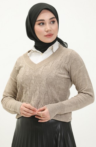 V Yaka Örgü Detaylı Triko Kazak 6323-04 Vizon