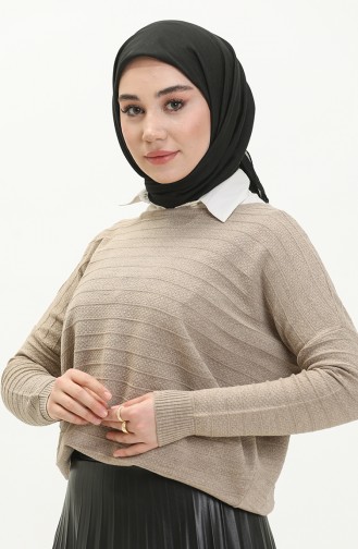 Düz Yaka Çizgi Desenli Triko Kazak 6331-05 Vizon