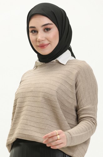 Düz Yaka Çizgi Desenli Triko Kazak 6331-05 Vizon