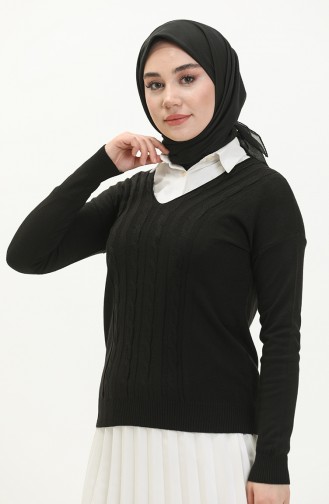 V Yaka Örgü Detayli Triko Kazak 6338-01 Siyah