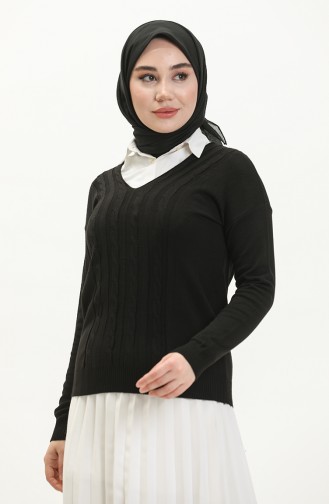 V Yaka Örgü Detayli Triko Kazak 6338-01 Siyah