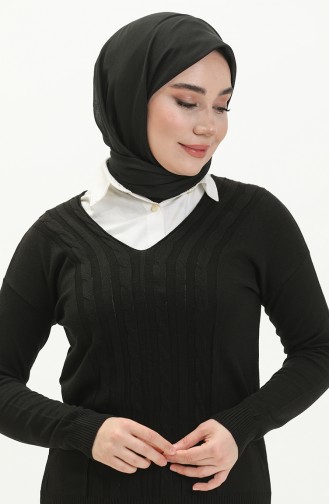 V Yaka Örgü Detayli Triko Kazak 6338-01 Siyah