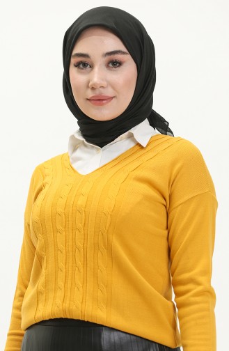 V Yaka Örgü Detayli Triko Kazak 6338-02 Hardal