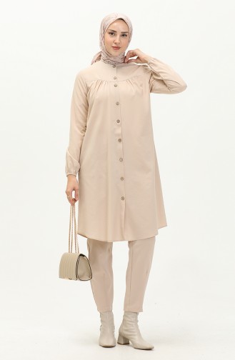 Shirred Buttoned Tunic 4054-04 Beige 4054-04