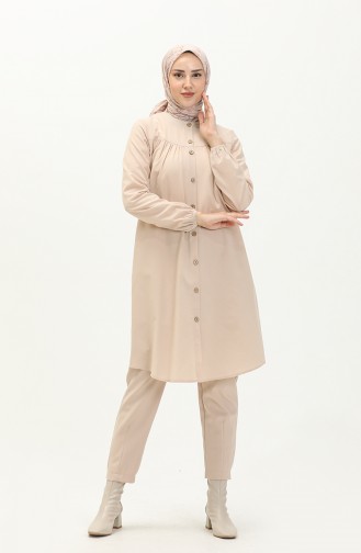 Shirred Buttoned Tunic 4054-04 Beige 4054-04