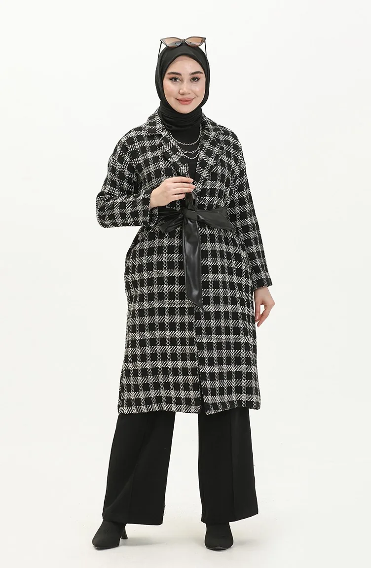 Belted Tweed Cape 0010-02 Black white 0010-02