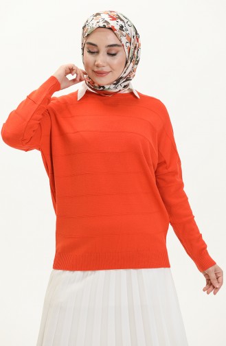 Düz Yaka Çizgi Desenl Triko Kazak 6325-04 Oranj