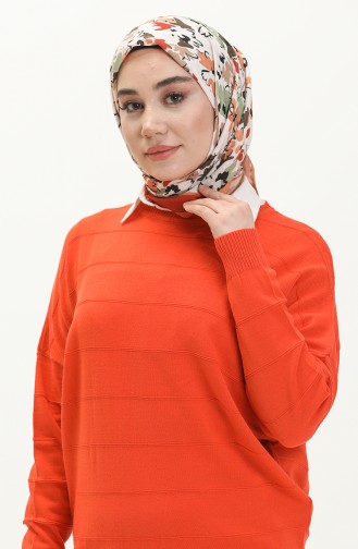 Düz Yaka Çizgi Desenl Triko Kazak 6325-04 Oranj