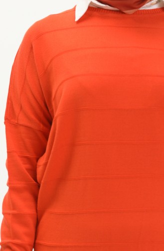 Düz Yaka Çizgi Desenl Triko Kazak 6325-04 Oranj
