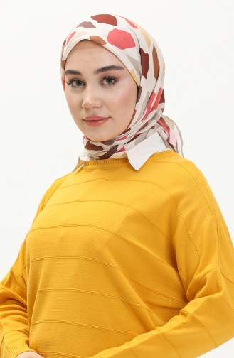 Düz Yaka Çizgi Desenl Triko Kazak 6325-06 Hardal