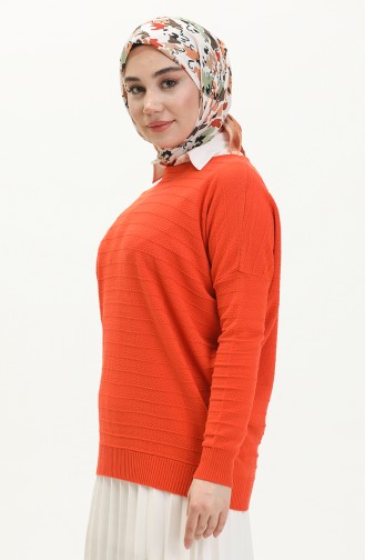 Düz Yaka Çizgi Desenli Triko Kazak 6331-03 Oranj