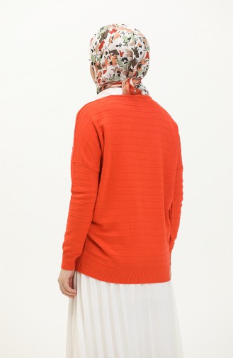 Düz Yaka Çizgi Desenli Triko Kazak 6331-03 Oranj