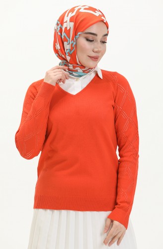 V Yaka Örgü Detaylı Triko Kazak 6334-03 Oranj