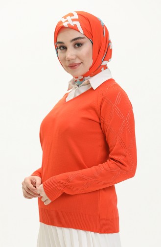 V Yaka Örgü Detaylı Triko Kazak 6334-03 Oranj
