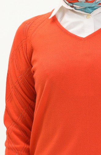 V Yaka Örgü Detaylı Triko Kazak 6334-03 Oranj