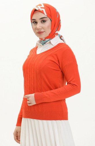 V Yaka Örgü Detayli Triko Kazak 6338-05 Oranj