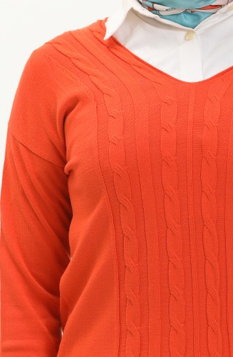 V Yaka Örgü Detayli Triko Kazak 6338-05 Oranj