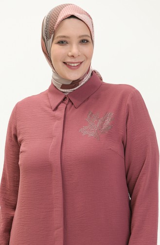Kadın Büyük Beden Yaprak Baskılı Gömlek Tunik 8171 Gül Kurusu