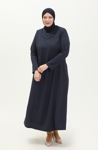 Kadın Büyük Beden Petek Kumaş Jakar Anne Elbisesi 4756 Lacivert