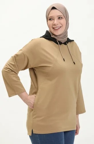 سويت شيرت بقبعة مقاس كبير  6021-08 بيج غامق 6021-08