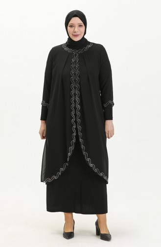 Große Größe Stein-bedrucktes Abendkleid 6070-01 Schwarz 6070-01