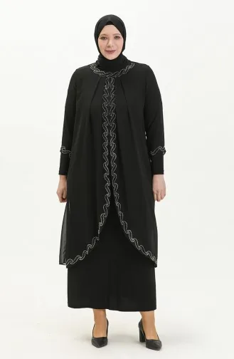 Große Größe Stein-bedrucktes Abendkleid 6070-01 Schwarz 6070-01