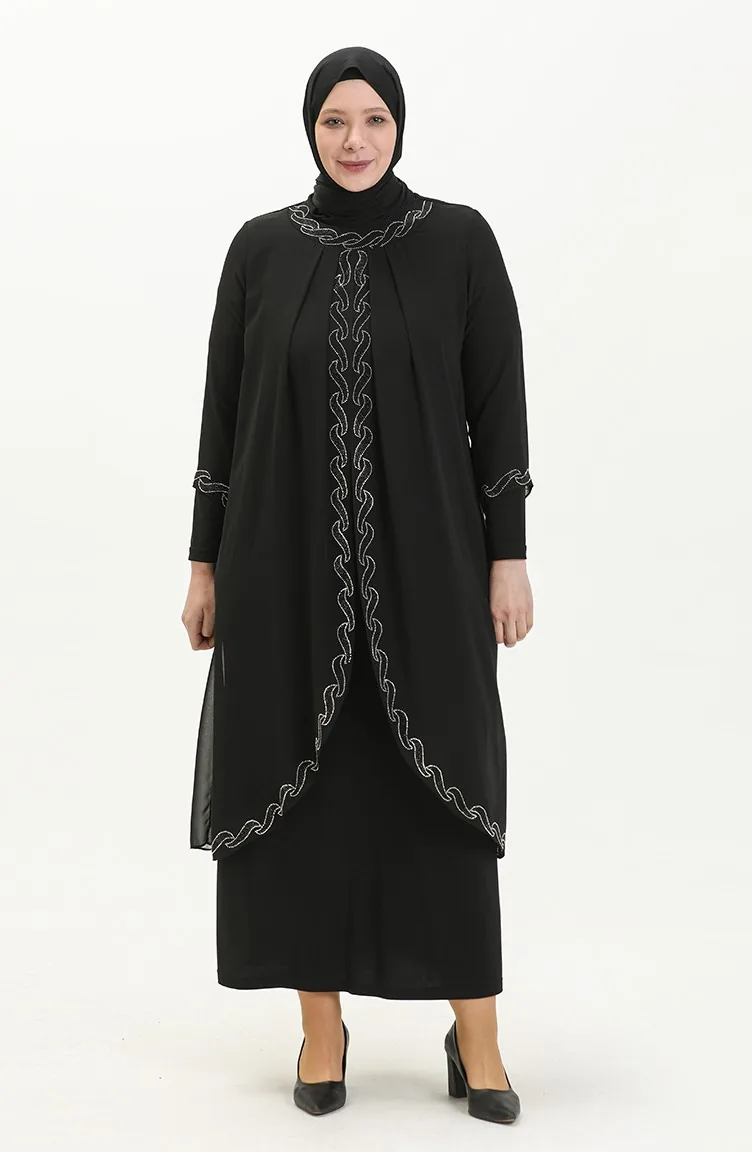Große Größe Stein-bedrucktes Abendkleid 6070-01 Schwarz 6070-01
