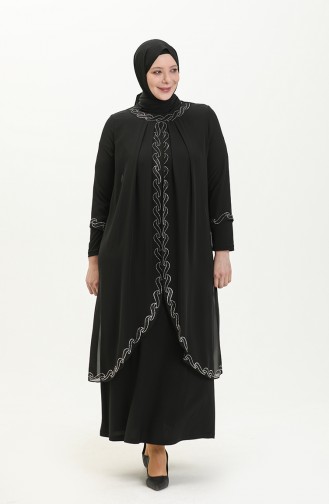 Große Größe Stein-bedrucktes Abendkleid 6070-01 Schwarz 6070-01