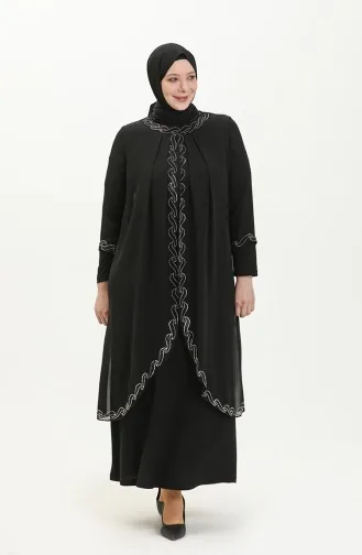 Große Größe Stein-bedrucktes Abendkleid 6070-01 Schwarz 6070-01
