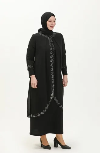 Große Größe Stein-bedrucktes Abendkleid 6070-01 Schwarz 6070-01