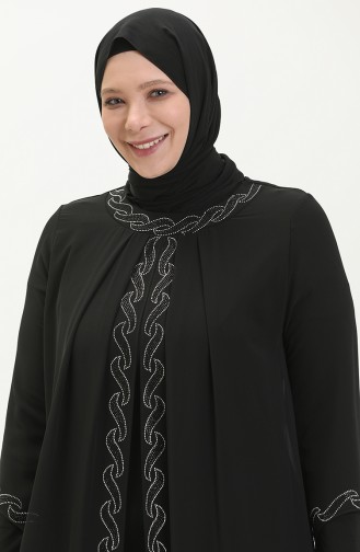 Große Größe Stein-bedrucktes Abendkleid 6070-01 Schwarz 6070-01