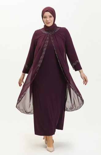 Plus Size Stone Embroidered Evening Dress 6070-02 Plum 6070-02