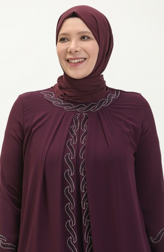 Büyük Beden Taş Bakılı Abiye Elbise 6070-02 Mürdüm