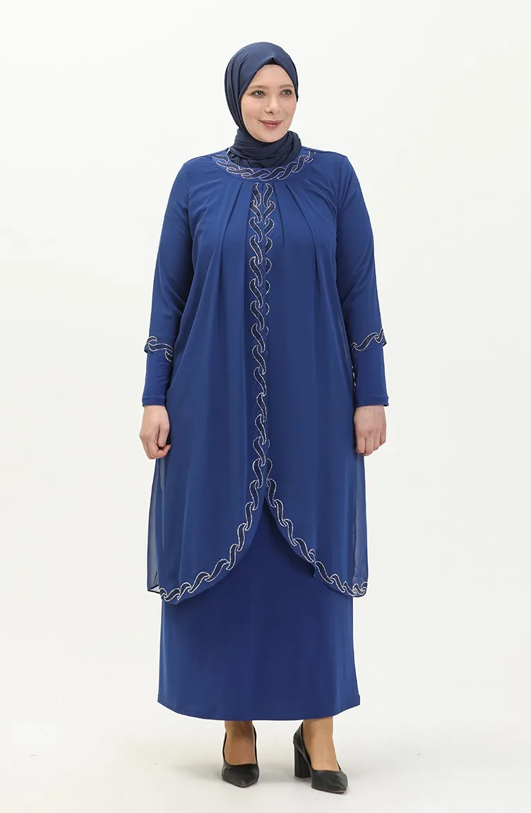Große Größe Stein-bedrucktes Abendkleid 6070-03 Sax 6070-03
