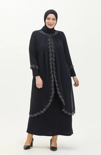 Große Größe Stein-bedrucktes Abendkleid 6070-04 Dunkelblau 6070-04