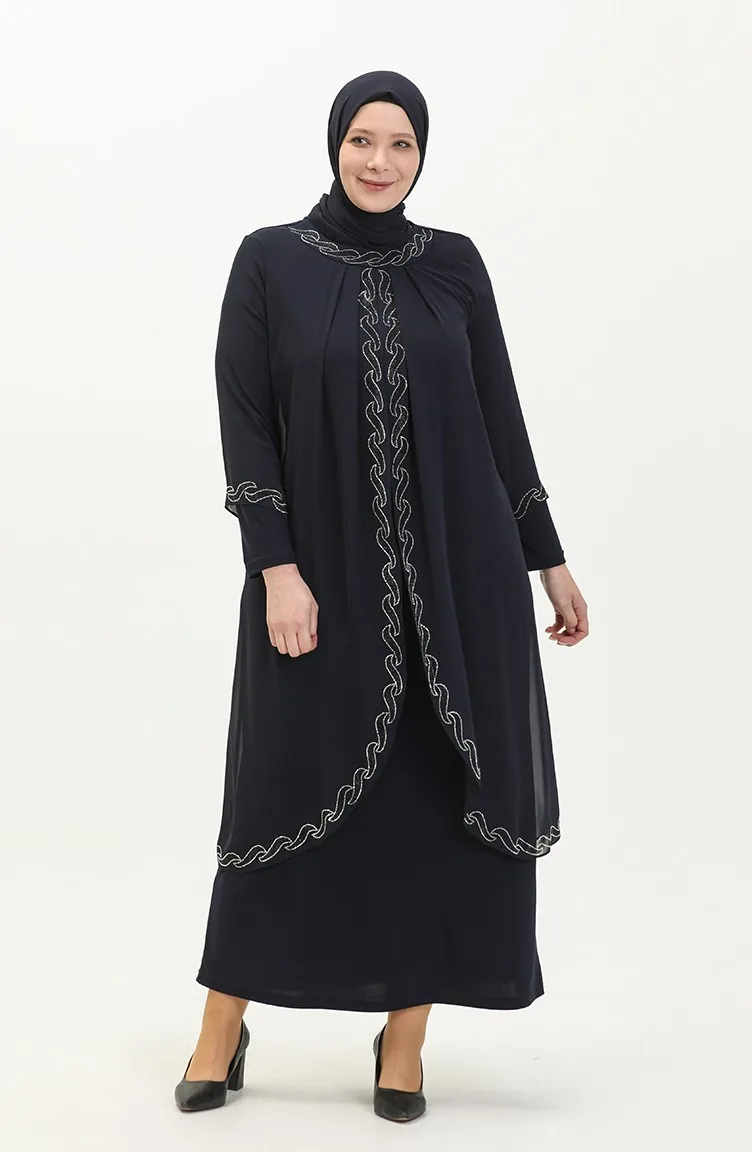 Große Größe Stein-bedrucktes Abendkleid 6070-04 Dunkelblau 6070-04