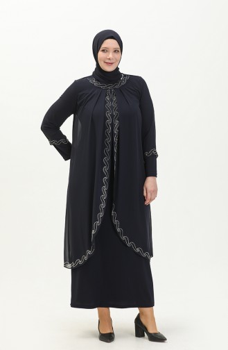 Navy Blue İslamitische Avondjurk 6070-04