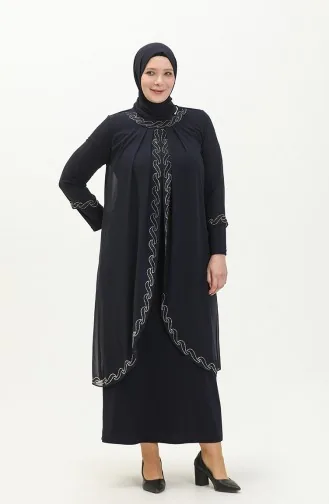 Große Größe Stein-bedrucktes Abendkleid 6070-04 Dunkelblau 6070-04