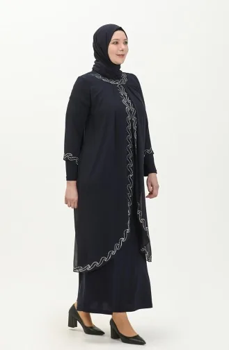 Große Größe Stein-bedrucktes Abendkleid 6070-04 Dunkelblau 6070-04