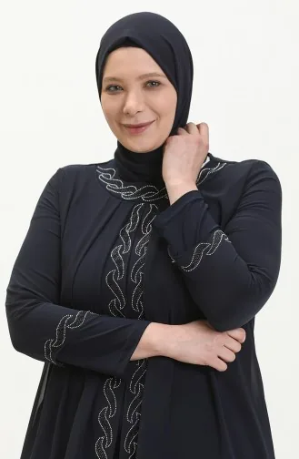 Große Größe Stein-bedrucktes Abendkleid 6070-04 Dunkelblau 6070-04