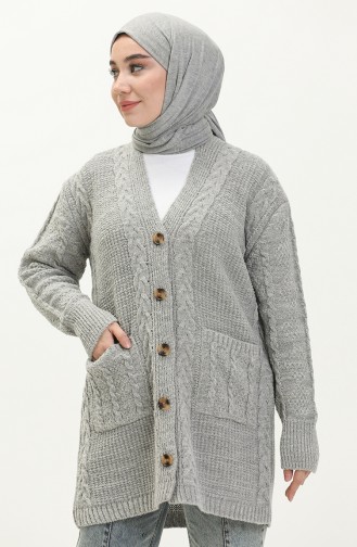 Saç Örgülü Triko Hırka 22166-03 Gri