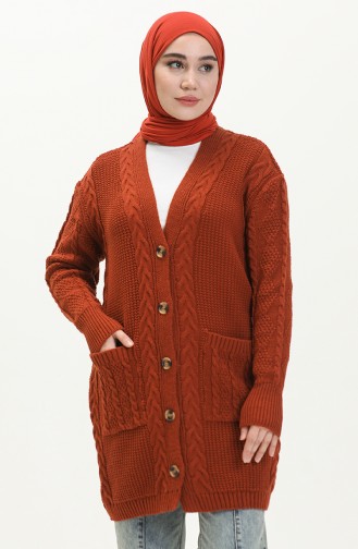 Saç Örgülü Triko Hırka 22166-04 Kiremit