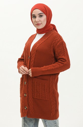 Saç Örgülü Triko Hırka 22166-04 Kiremit