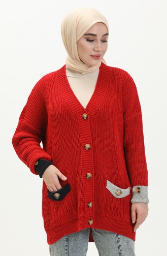 Cardigan Boutonné Tricot avec Poche 80054-09 Rouge 80054 -09