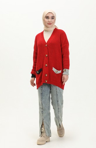 Trikot Strickjacke mit Knopf und Taschendetail 80054-09 Rot 80054 -09
